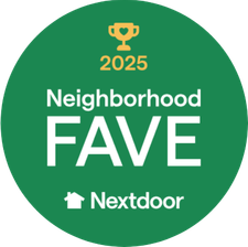 Green circular 2025 Neighborhood Fave Nextdoor award badge with trophy icon
