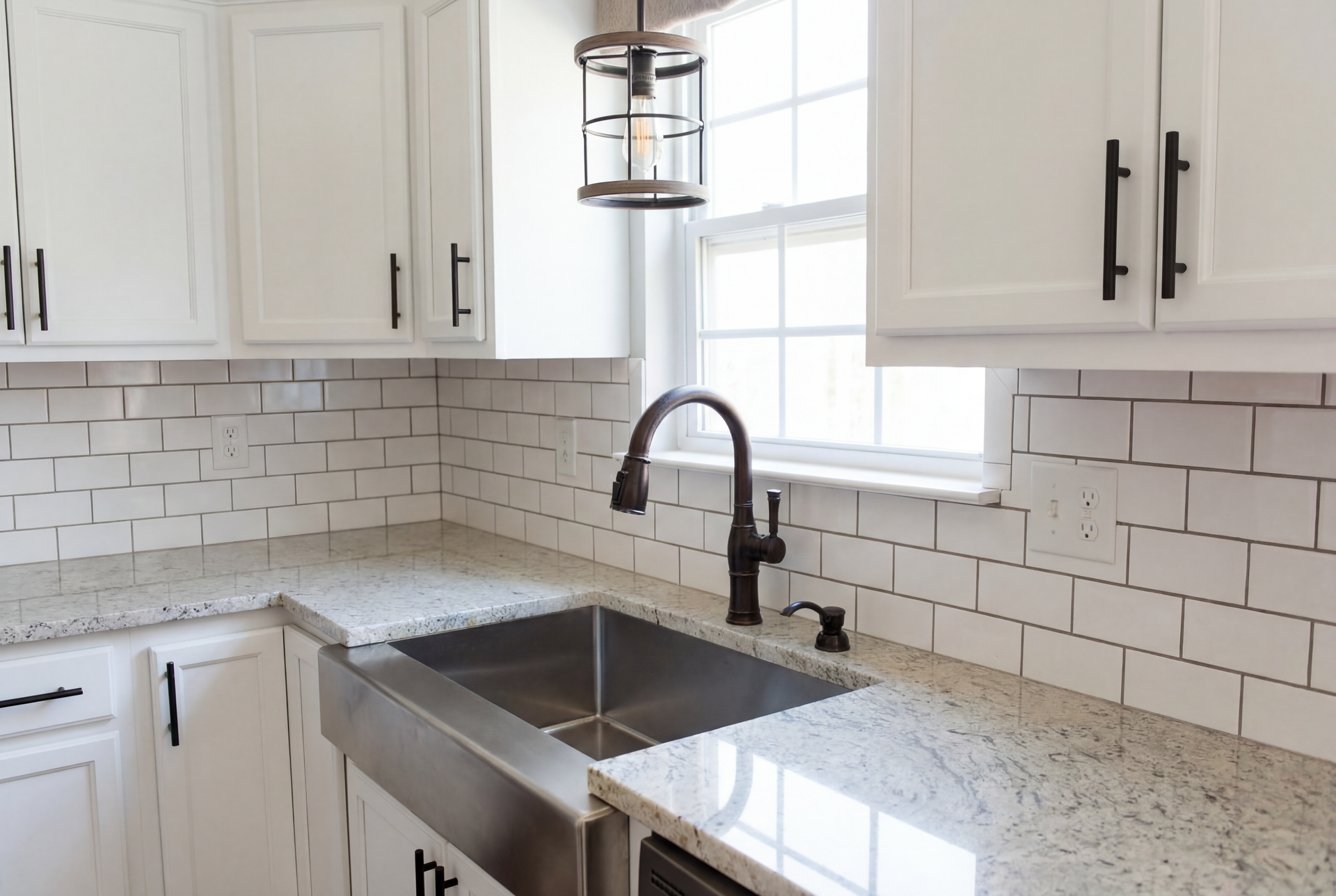 White kitchen with stainless steel sink, subway tile backsplash, granite countertops, and black hardware.