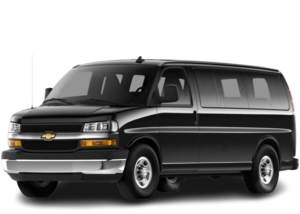 A black chevrolet van is shown on a white background