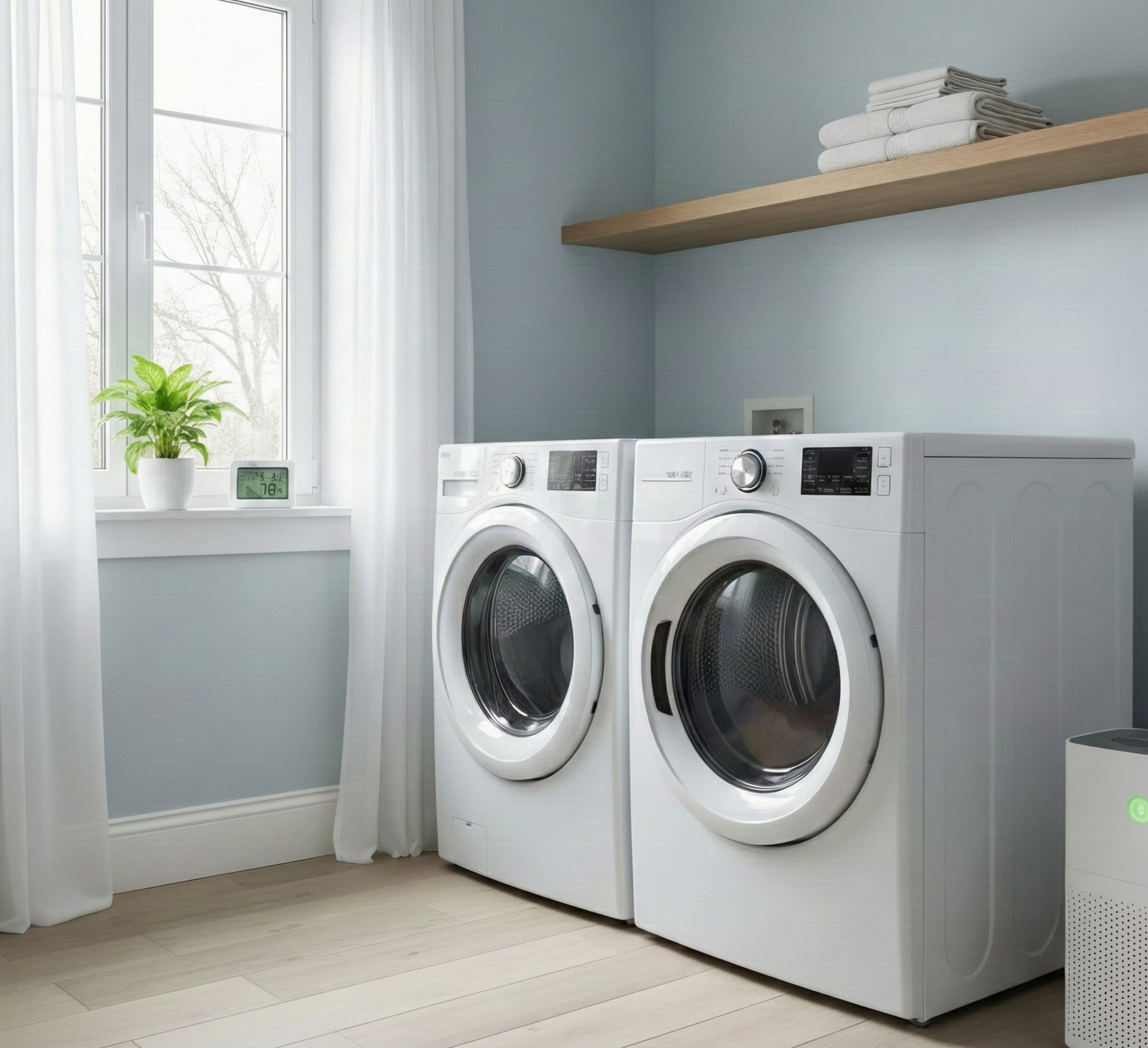 Clean South Jersey laundry room with washer, dryer, and air purifier ready for winter.