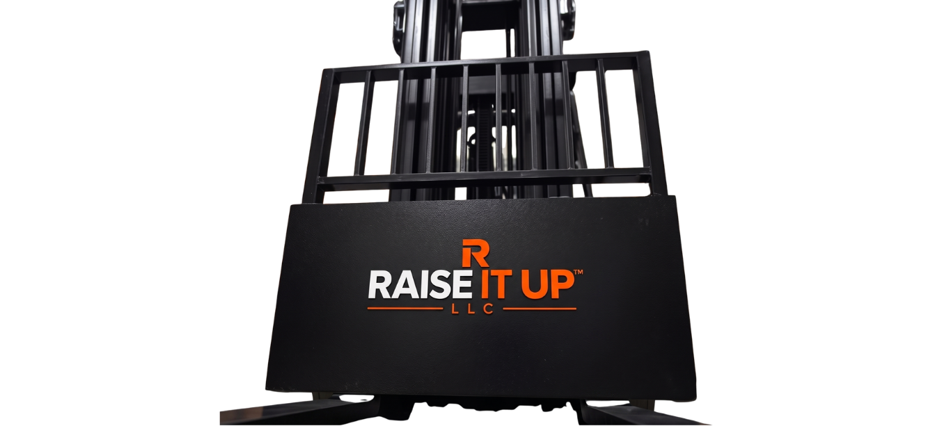 Black industrial lifting device with orange &ldquo;RAISE IT UP&rdquo; text on a white background