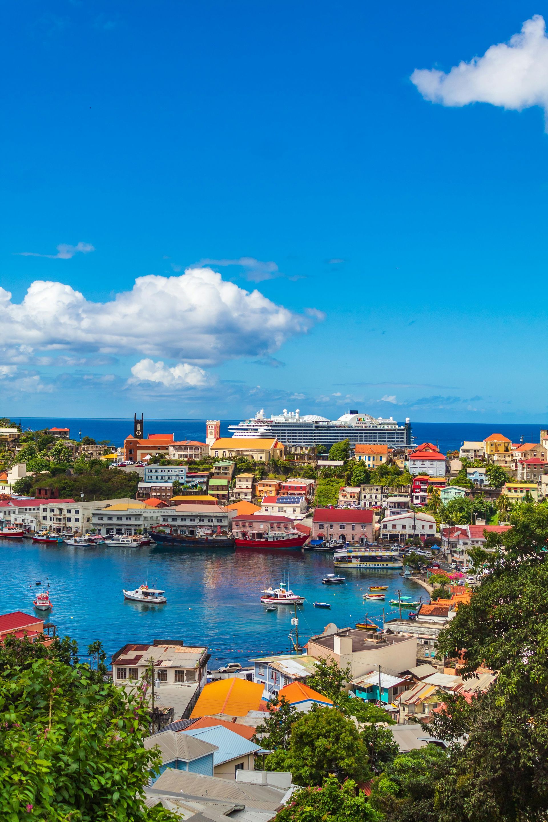 An aerial view of a small town with a cruise ship in the background.