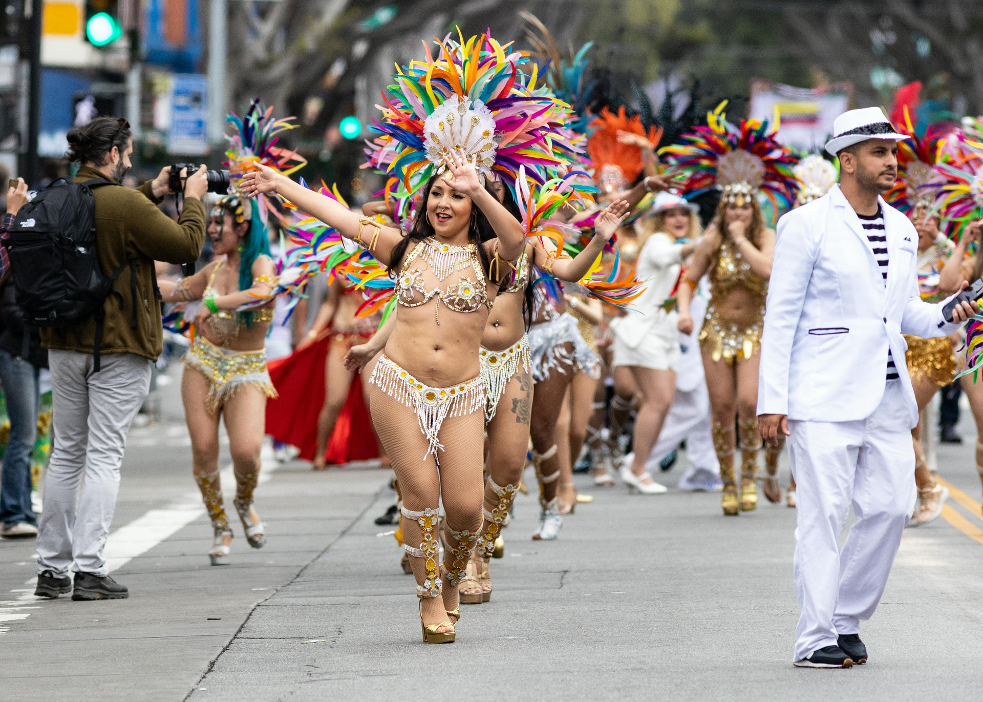 Rio carnival parade with dancers and costumes
