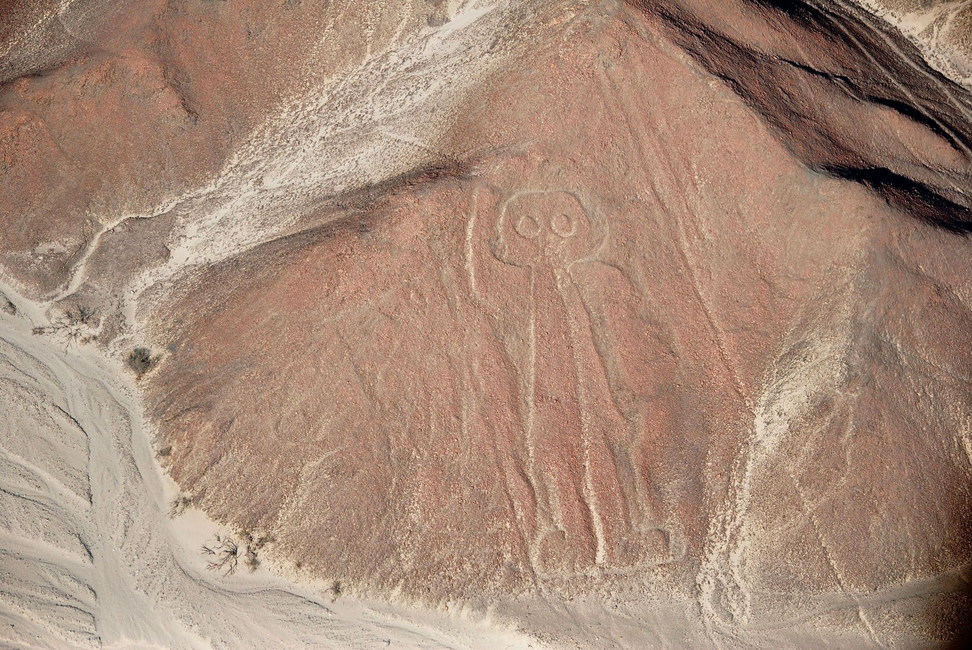 Aerial view of a Nazca Line drawing: a humanoid figure with large circular eyes on a reddish-brown desert landscape.