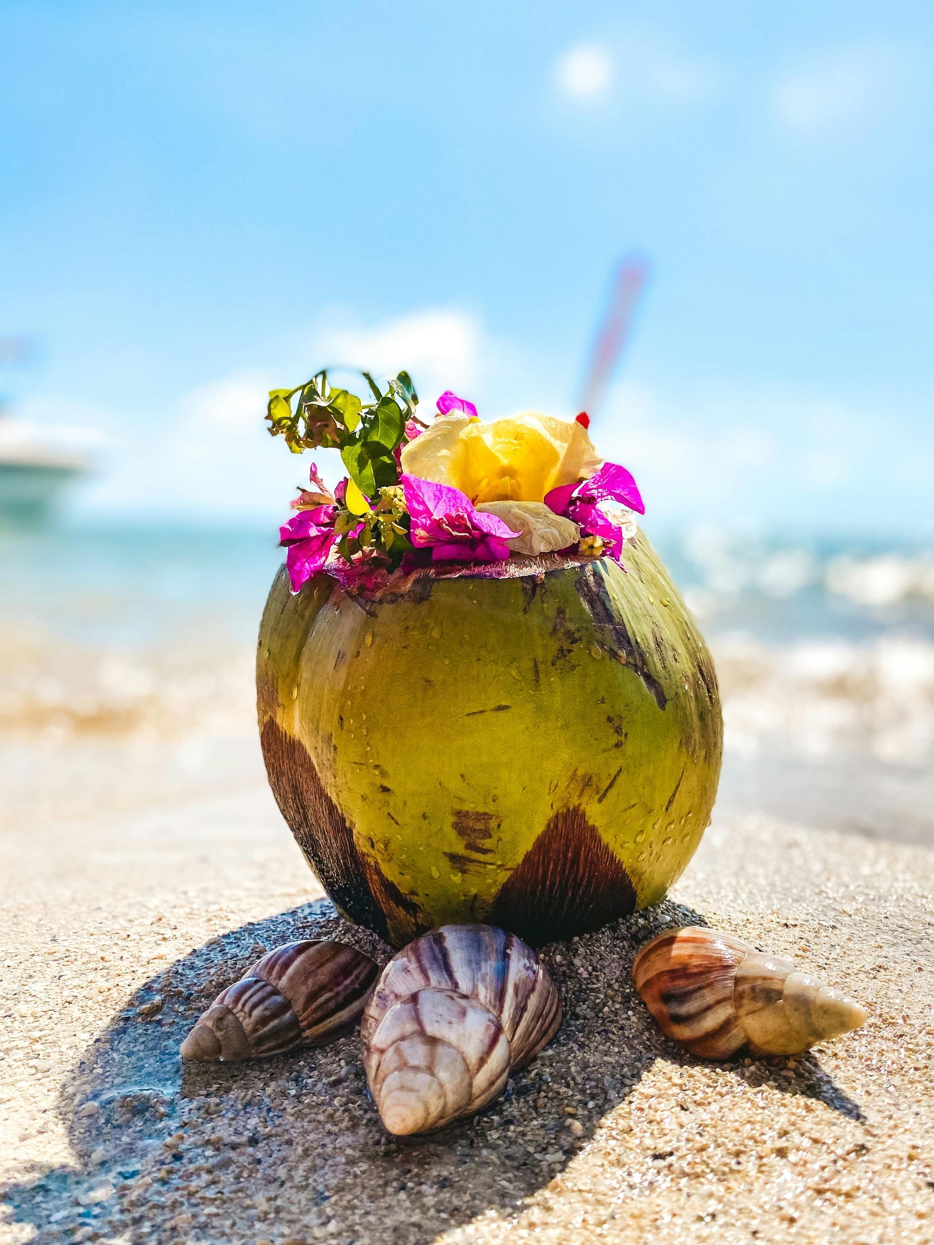 Coconut cocktail decorated with flowers on a sandy beach, with hermit crabs in the foreground, ocean in the background.