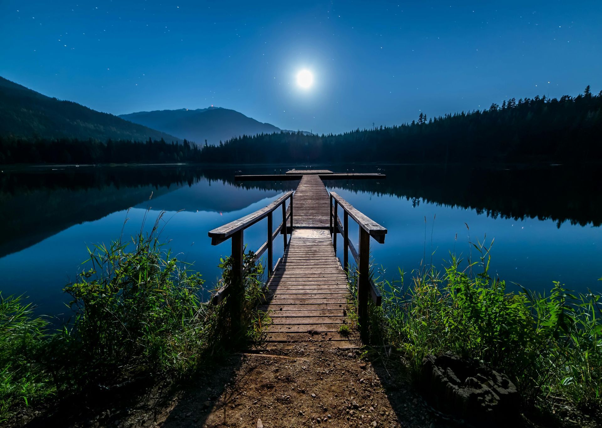 Wooden pier extending into a calm lake reflecting the full moon and surrounding forest at night.