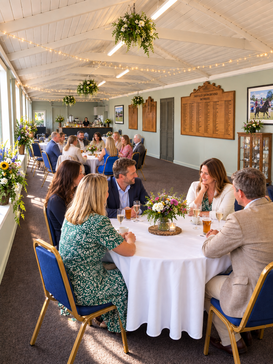 Guests dining at round tables in a decorated hall with string lights and hanging greenery
