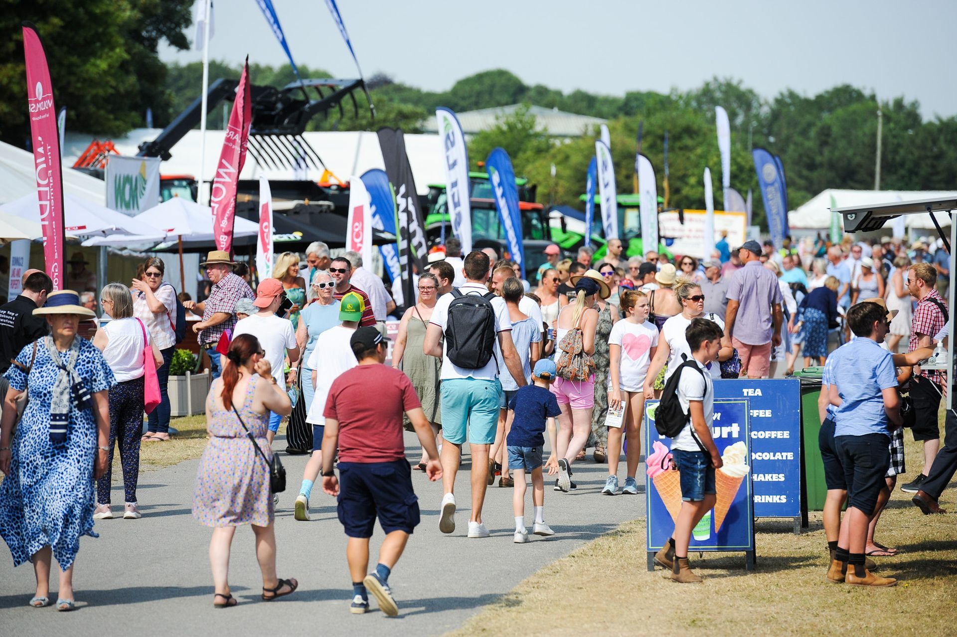 Crowded outdoor fair with people walking past colorful flags and tents on a sunny day