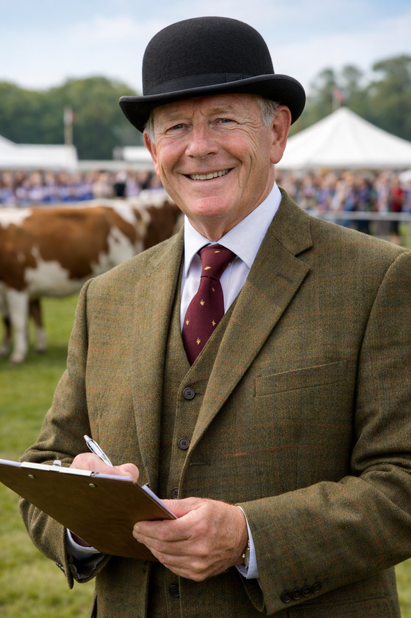 Smiling judge in tweed jacket and bowler hat holding a clipboard at a livestock show.