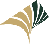Abstract gold and dark green fan-shaped leaf logo on a white background