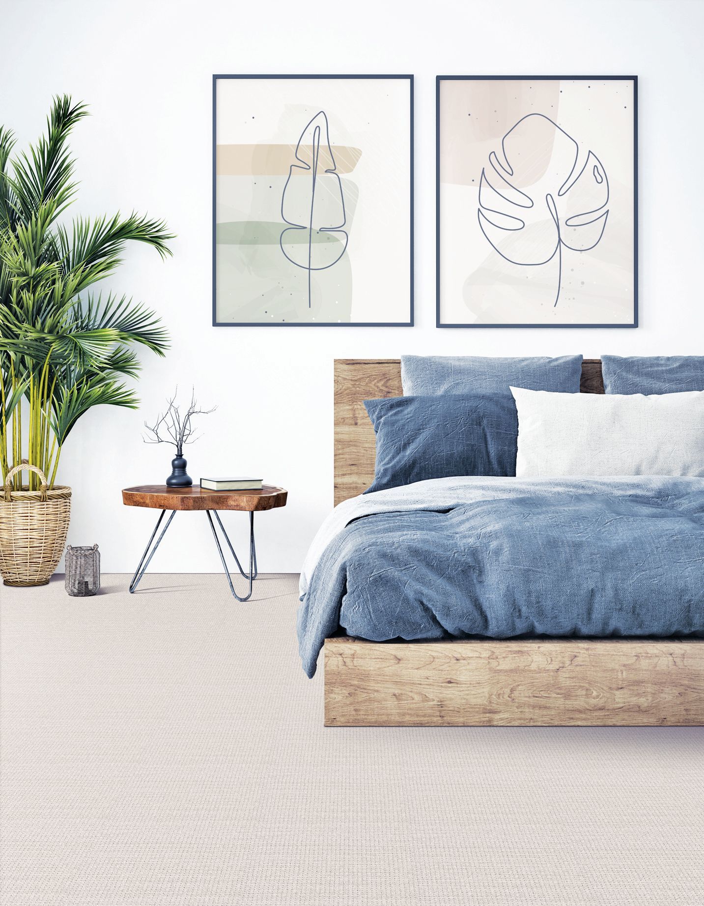 A modern bedroom with a blue bed, a wooden frame, a plant, and two line-art framed prints on a white wall.