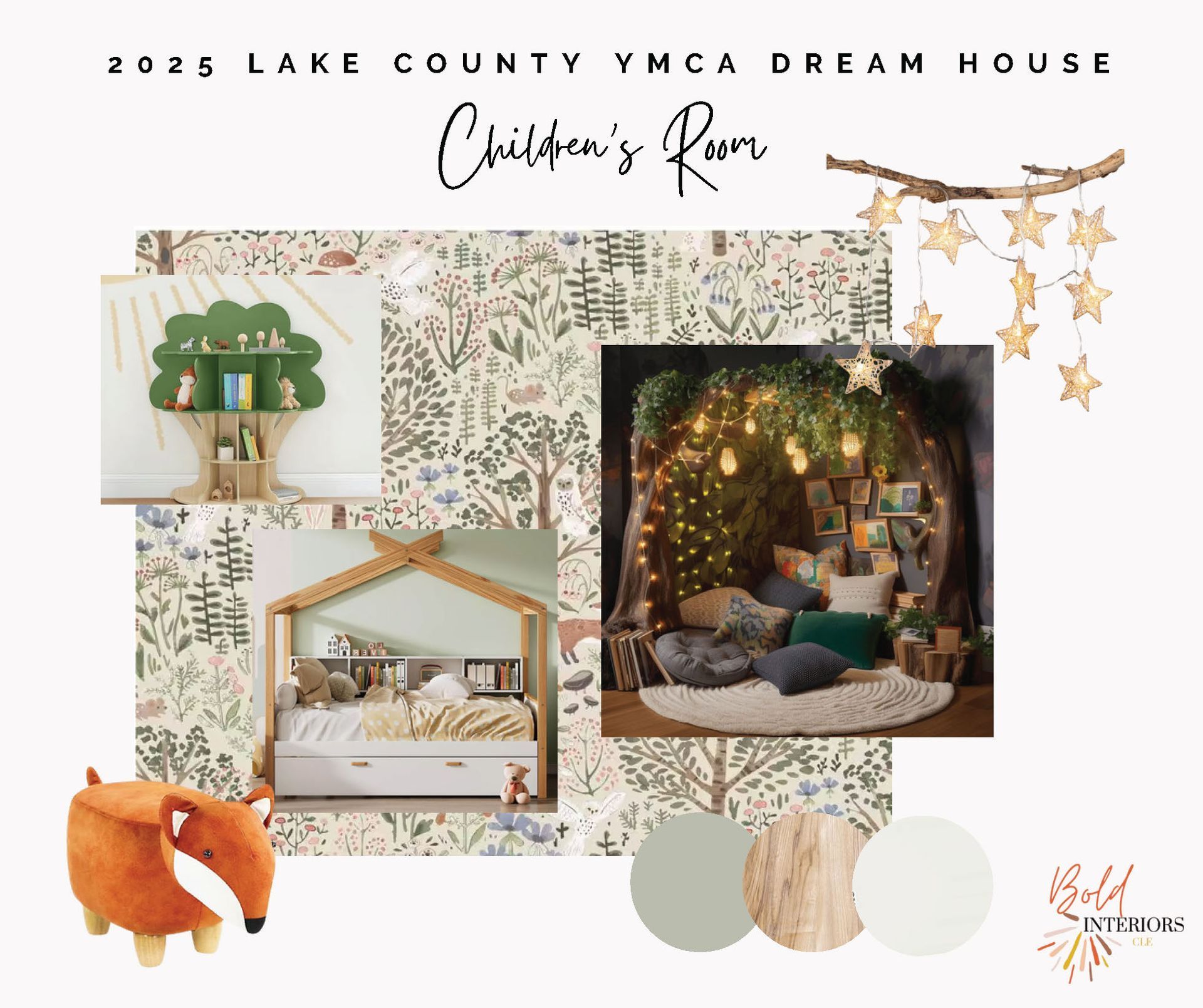 Design board for a woodland-themed child’s room, featuring nature-inspired furniture, forest wallpaper, and earth tones.