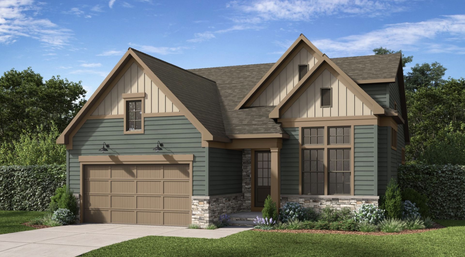 A two-story craftsman-style house with green horizontal siding, vertical tan gables, a stone base, and a tan garage.