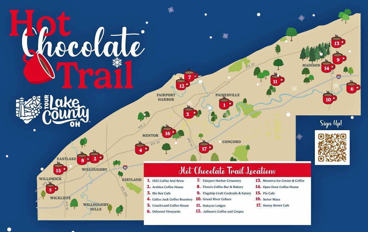 A map of the Lake County Hot Chocolate Trail showing numbered locations marked with red mug icons on a tan background.