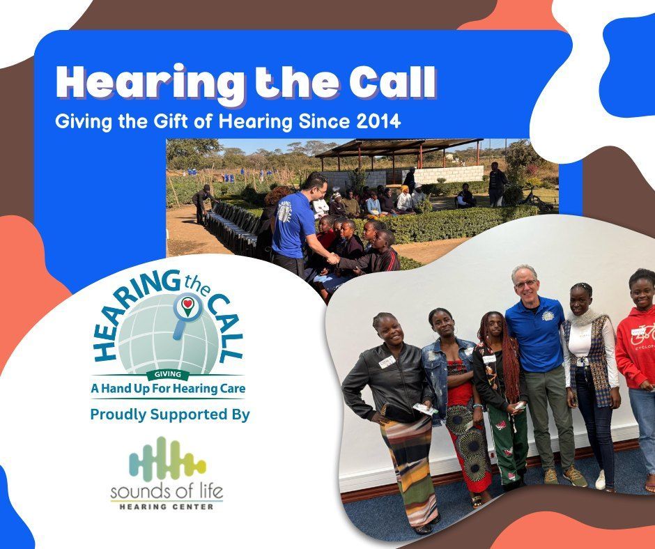 Promotional poster for Hearing the Call featuring photos of aid efforts and group portraits, supported by Sounds of Life.