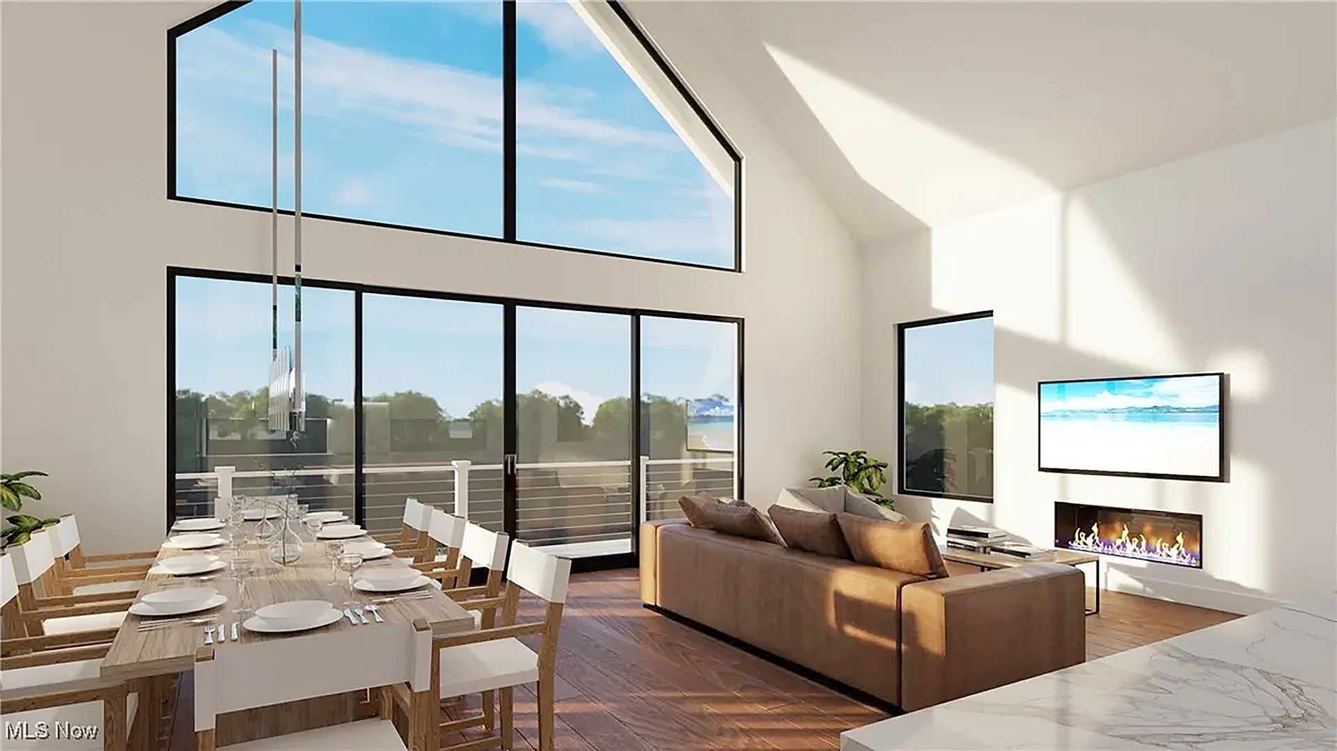 A modern, open-concept living and dining area with high, vaulted ceilings, large windows, a fireplace, and a sofa.