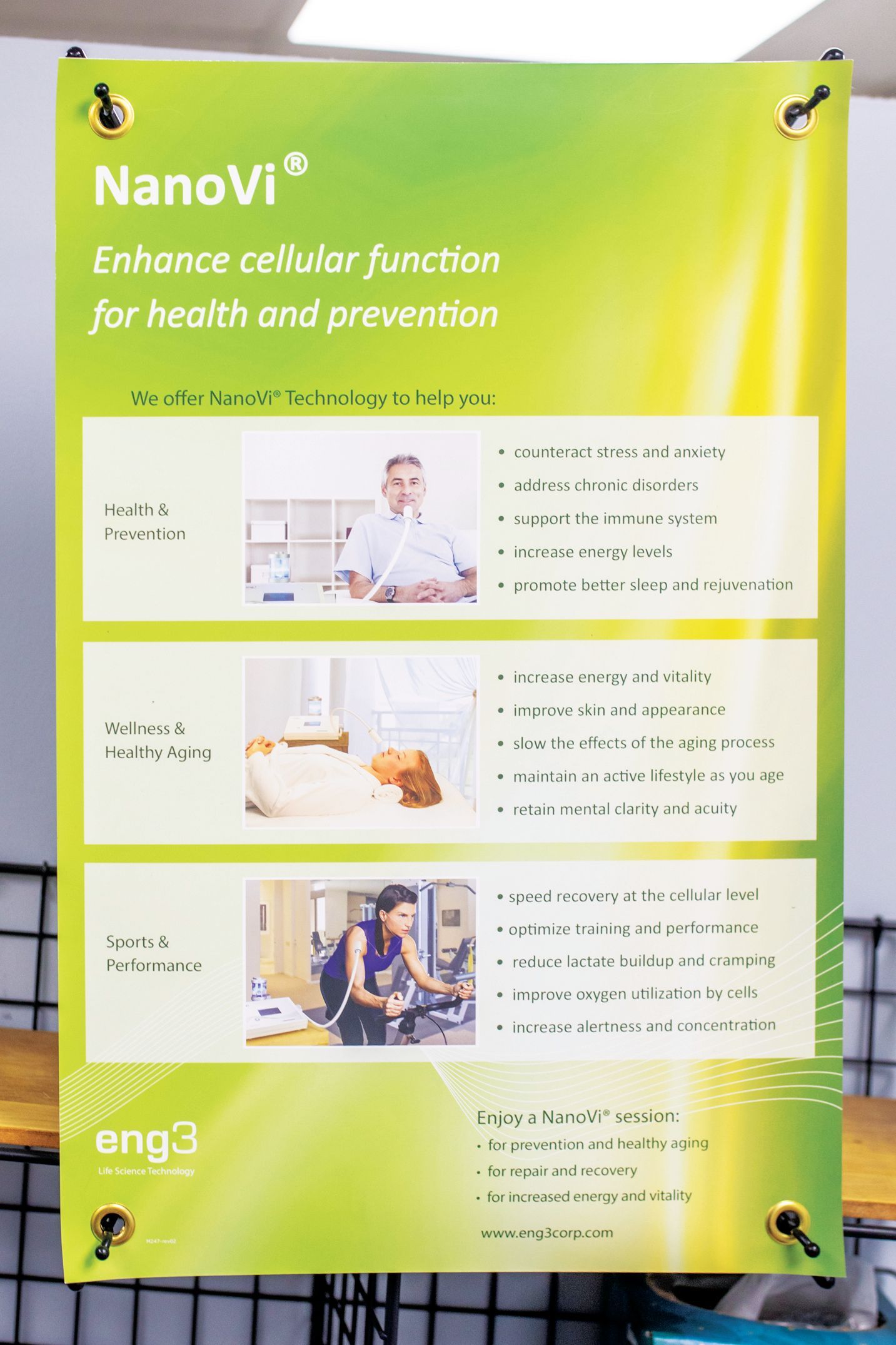 A vertical poster for NanoVi with three sections on cellular function, showing a person, equipment, and an athlete.
