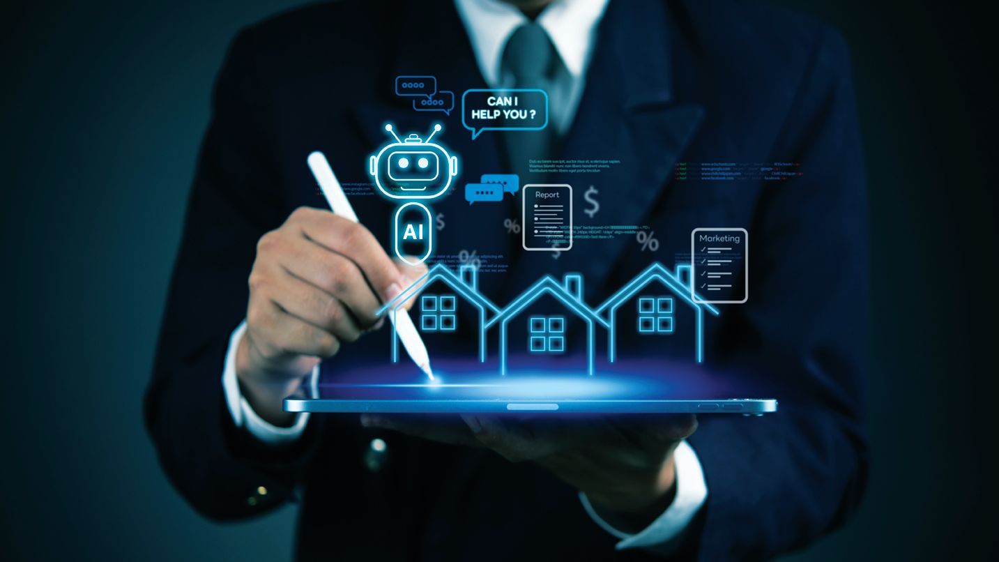 A person in a suit uses a stylus on a digital tablet displaying glowing AI icons and home outlines against a dark background.