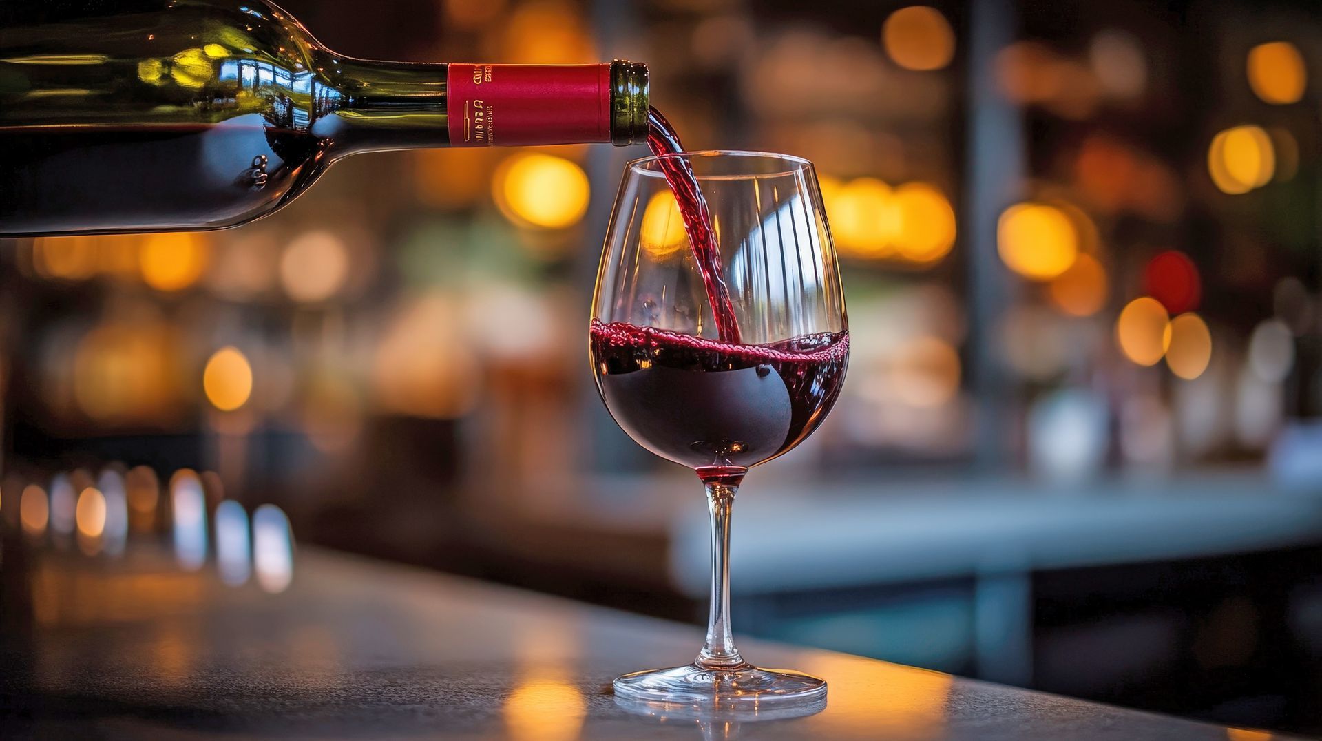 Red wine being poured from a bottle into a clear wine glass on a bar counter with blurred lights in the background.