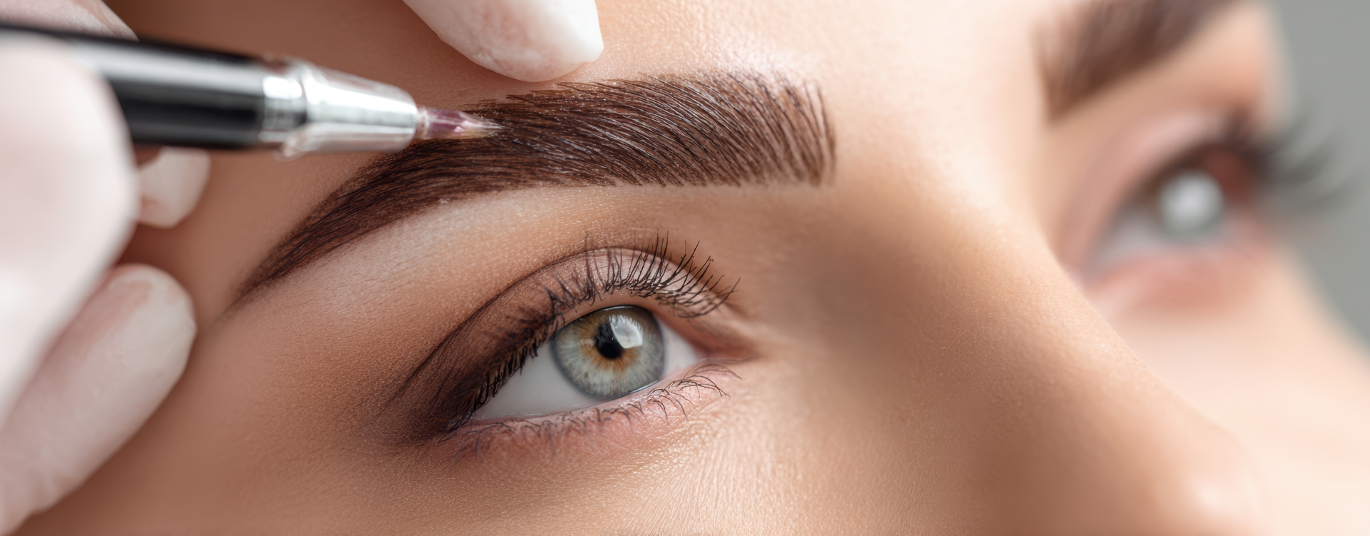 A person in gloves uses a tool to shape or tattoo dark eyebrows on a person's face.