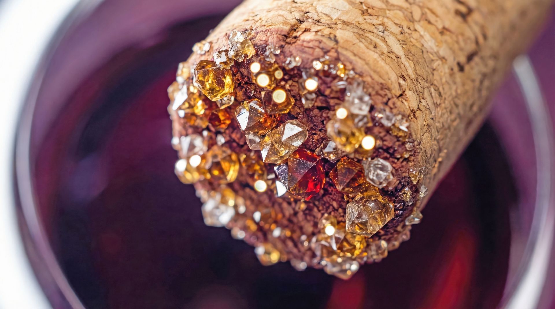 A wine cork encrusted with glistening tartrate crystals positioned over a glass of deep red wine.