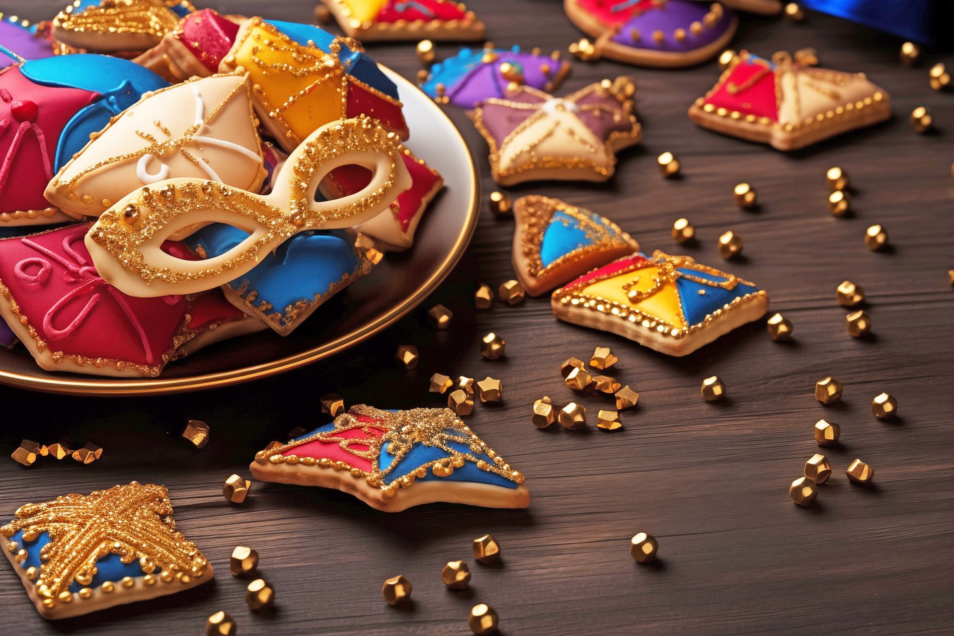 A plate of colorful, festive star-shaped cookies and a masquerade mask, surrounded by gold sprinkles on a wooden table.