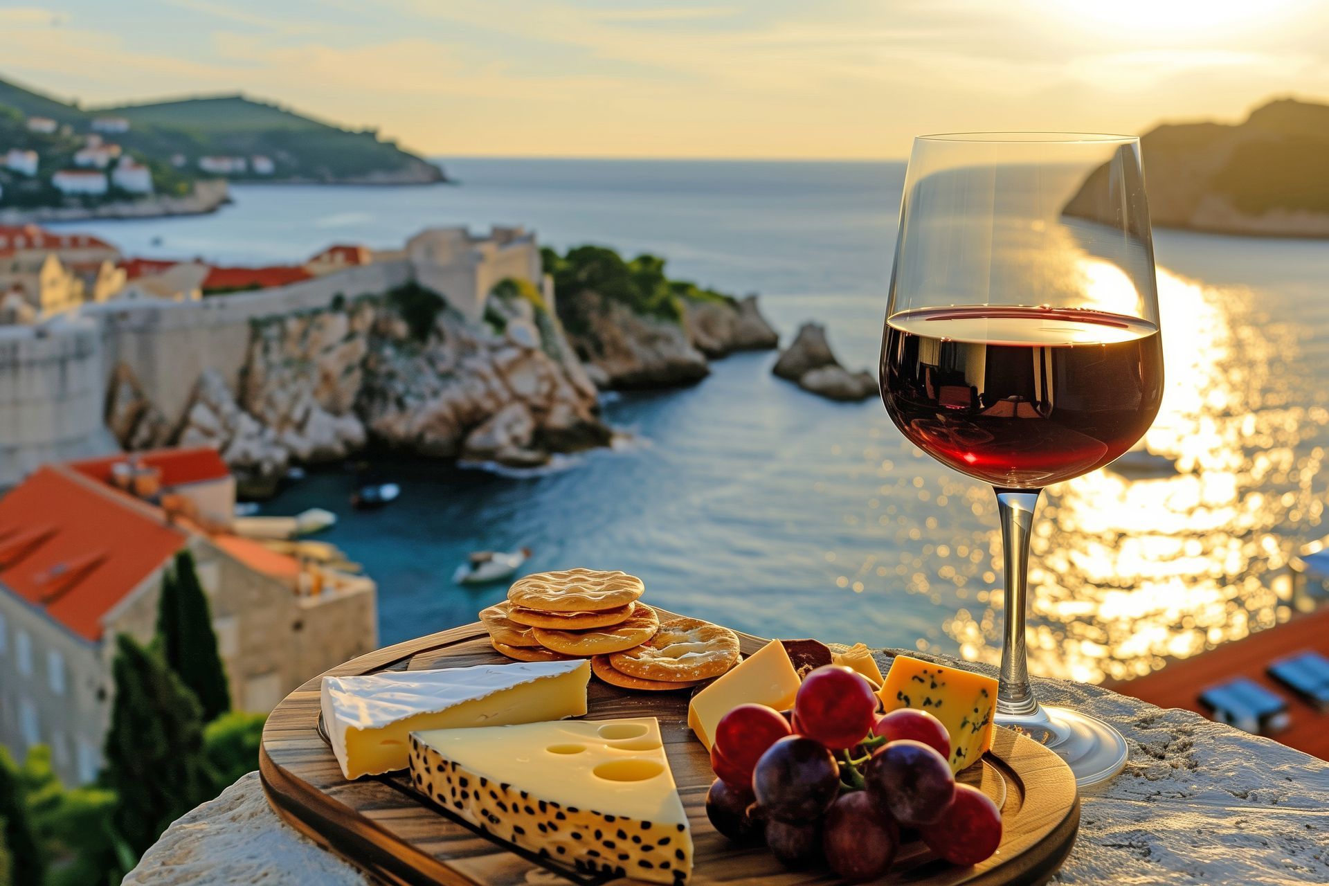 A glass of red wine, cheese, and crackers on a wooden board overlooking the sunlit coast and stone walls of Dubrovnik.
