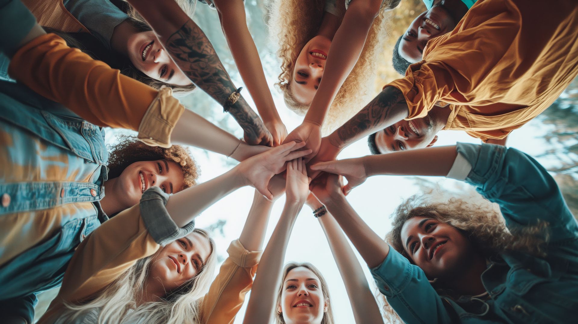 A group of people standing in a circle, looking down and joining their hands together in the center.