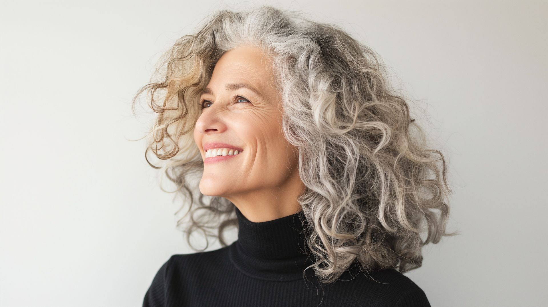 A smiling person with voluminous, curly gray hair wearing a black turtleneck against a plain, light background.