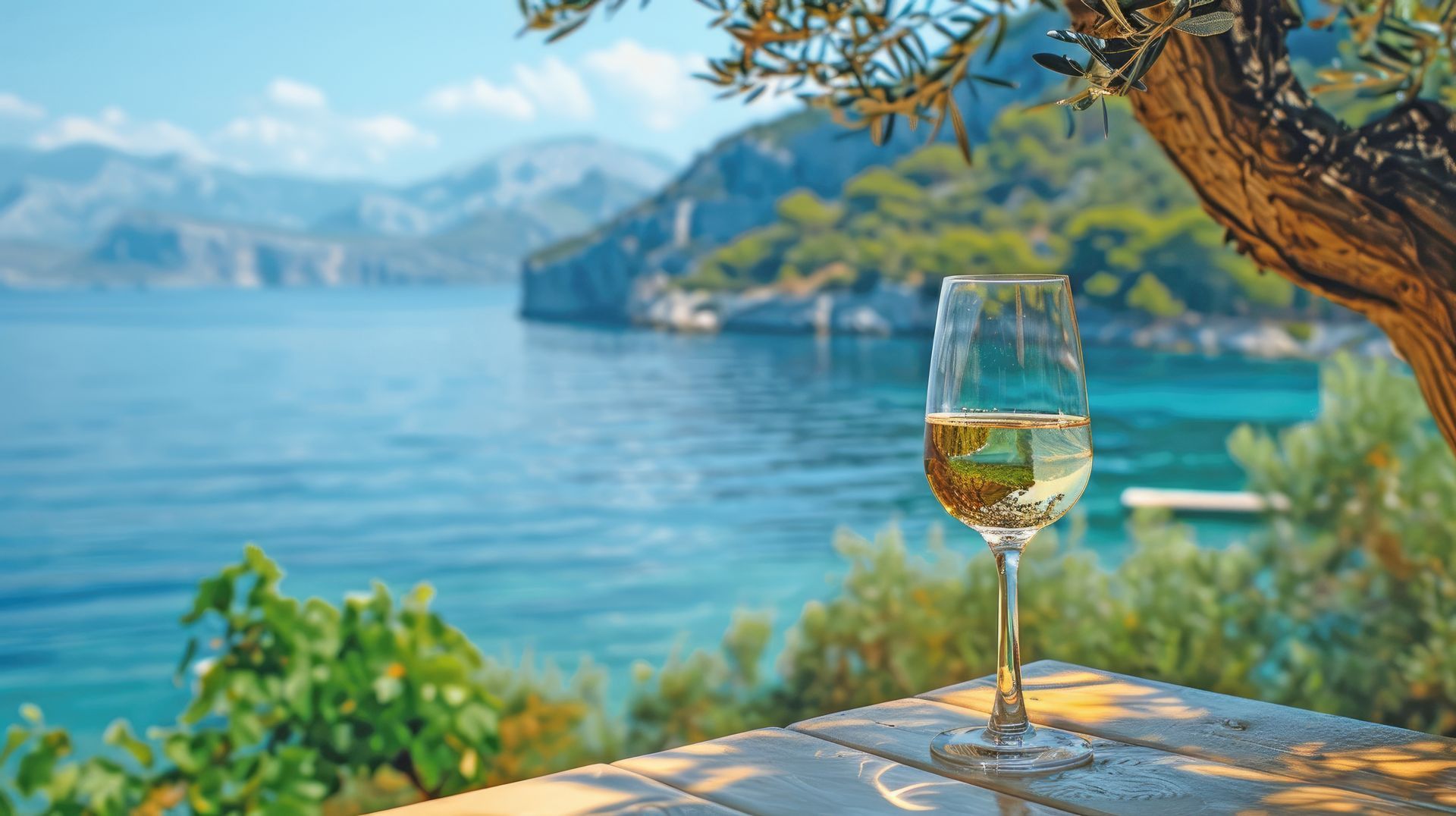 A glass of white wine on a stone table overlooking a sunny blue Mediterranean bay with trees and distant mountains.