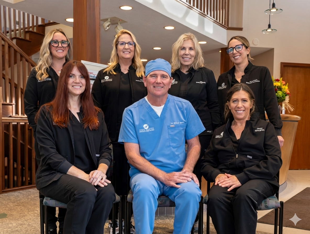 A dental team in black scrubs and a surgeon in blue scrubs posing for a photo in a professional office lobby.