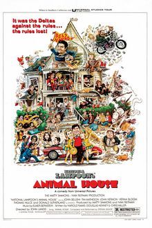 Illustrated movie poster for National Lampoon's Animal House showing a chaotic fraternity house with cartoon characters.