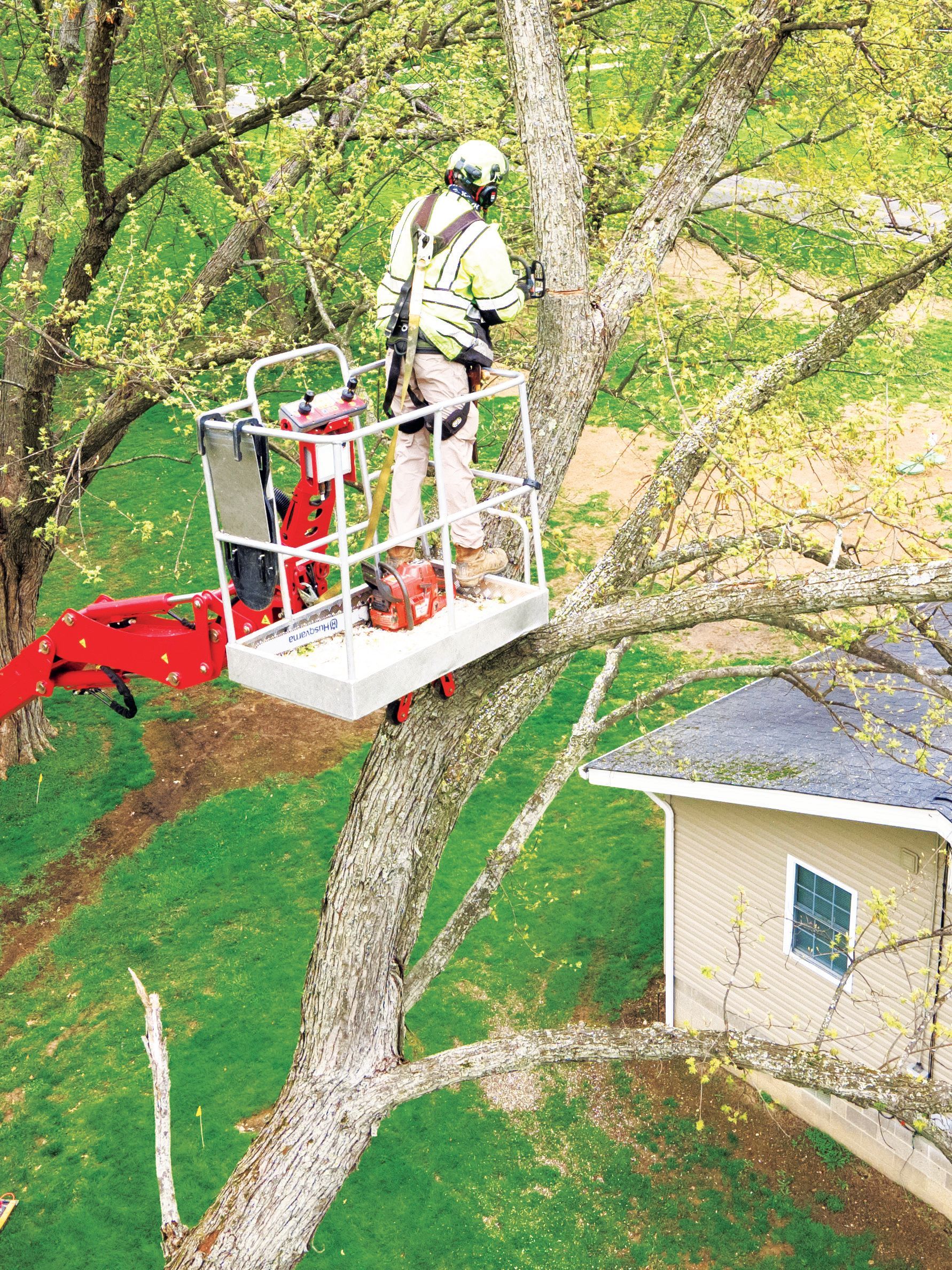 An arborist in a high-visibility vest stands in an aerial lift, using a chainsaw to prune a large tree near a house.