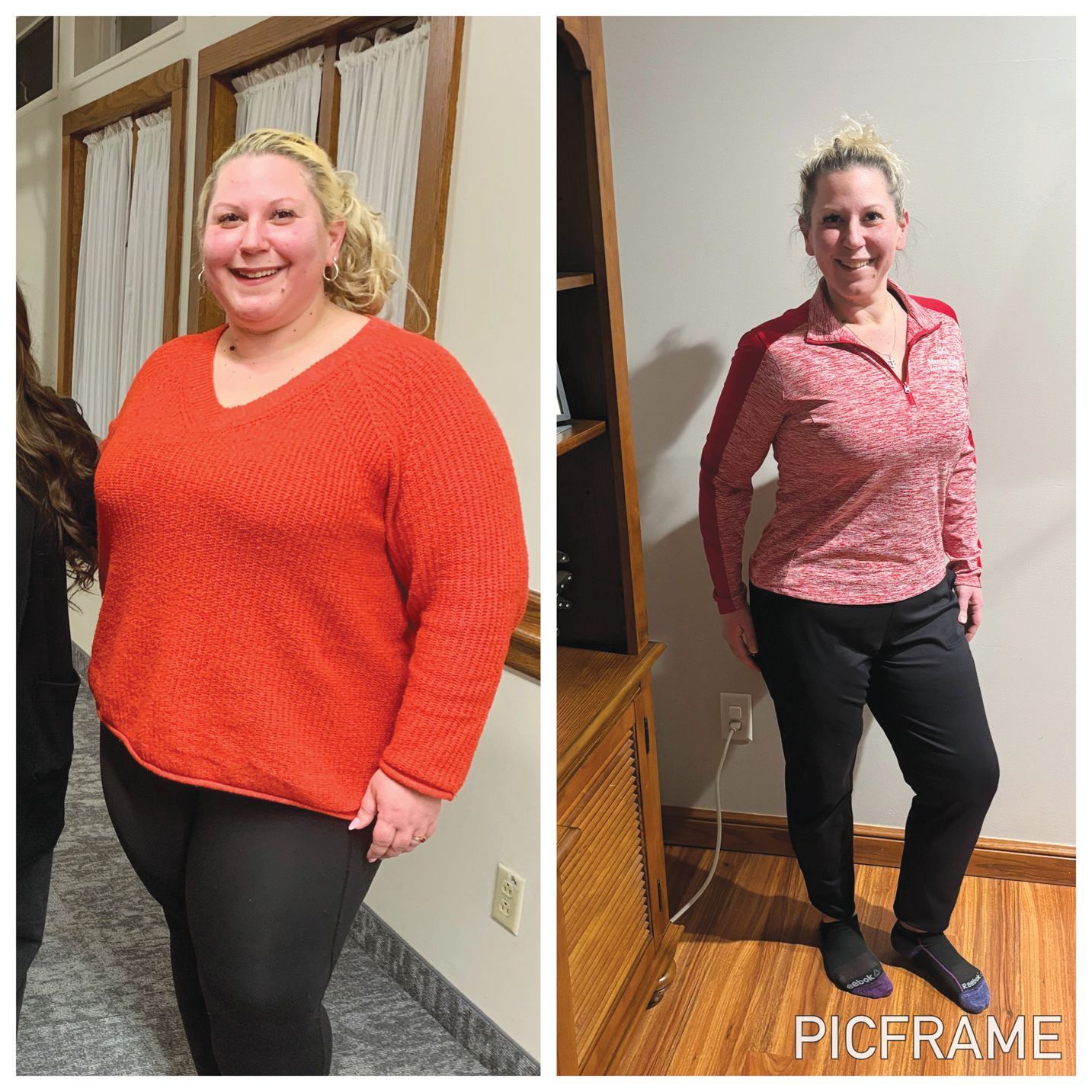 A before-and-after weight loss comparison showing a person wearing a bright orange sweater, then a pink athletic top.