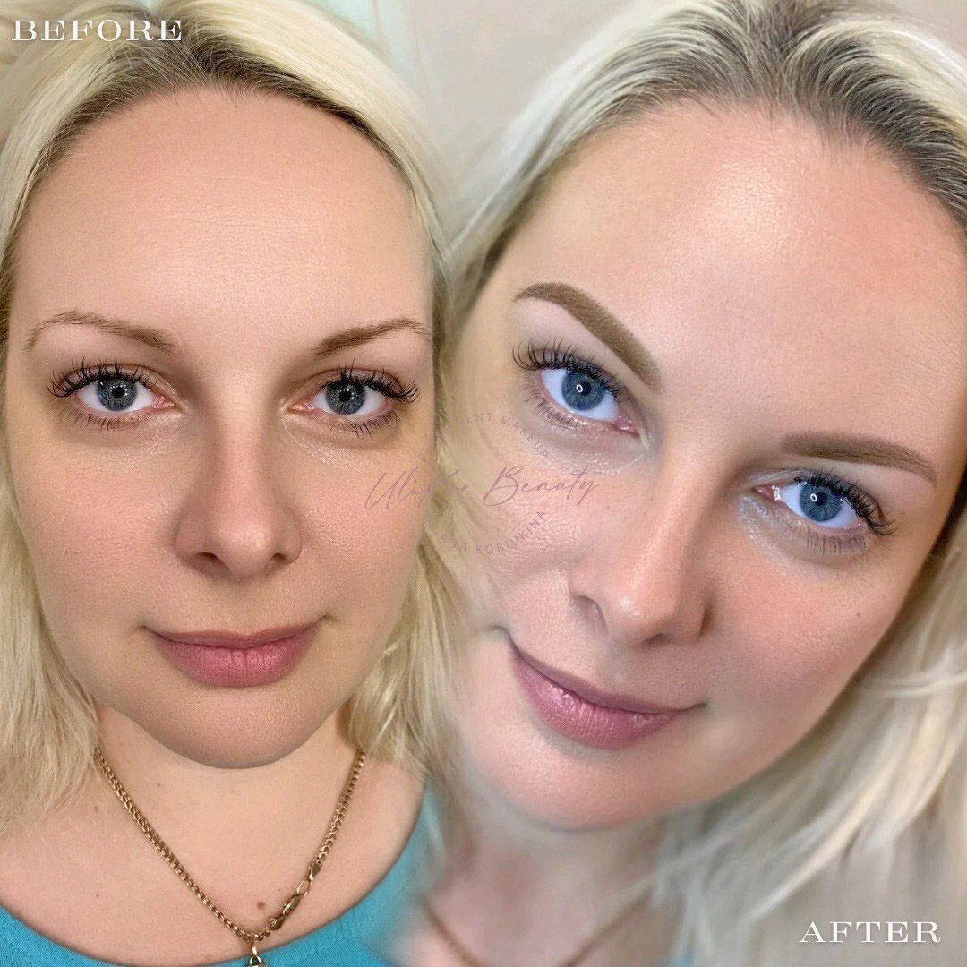 Before and after comparison of a woman’s eyebrows, showing the effect of professional shaping and tinting.