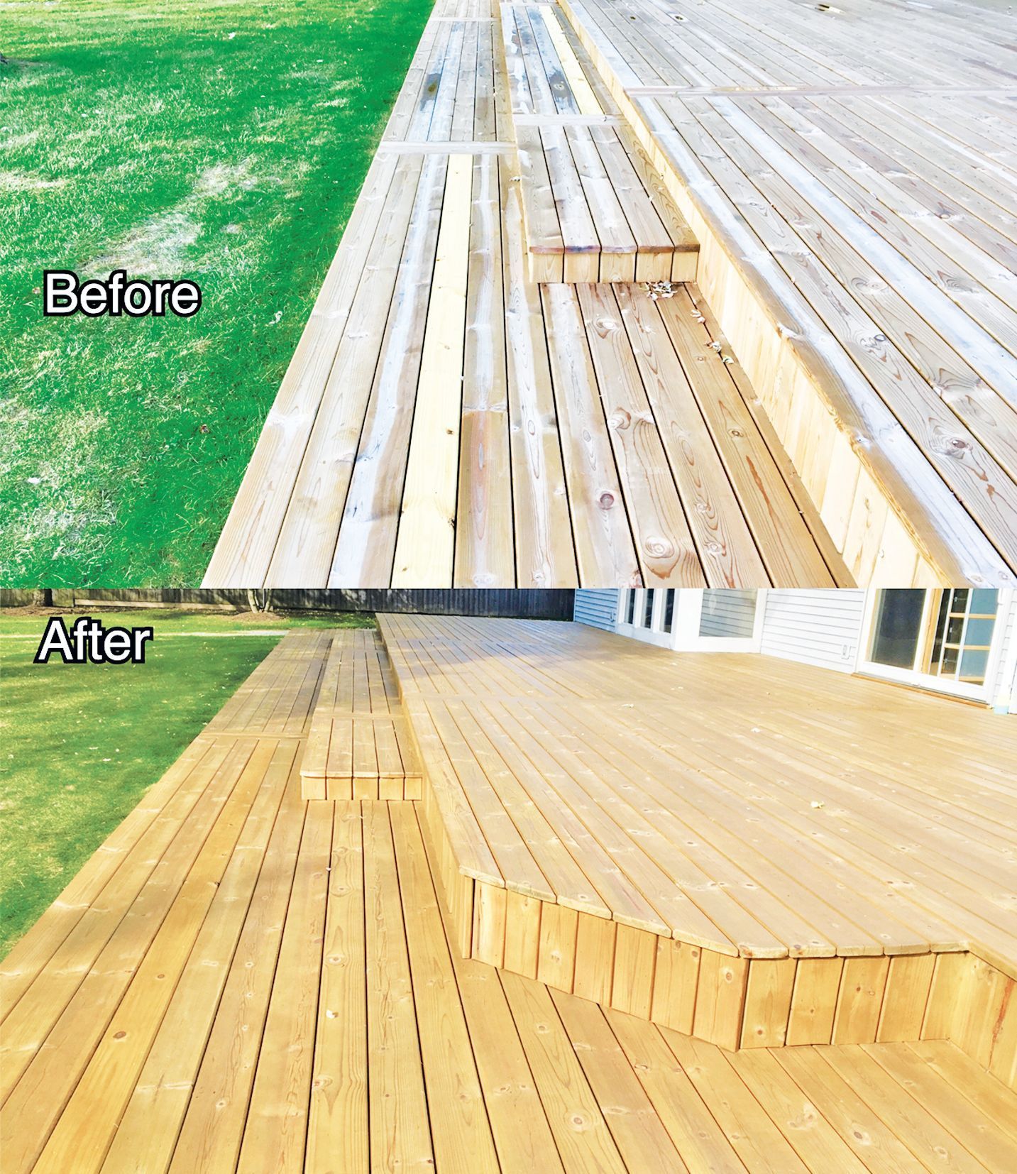 Before and after comparison of a wooden deck, showing the worn surface restored to a clean, stained finish.