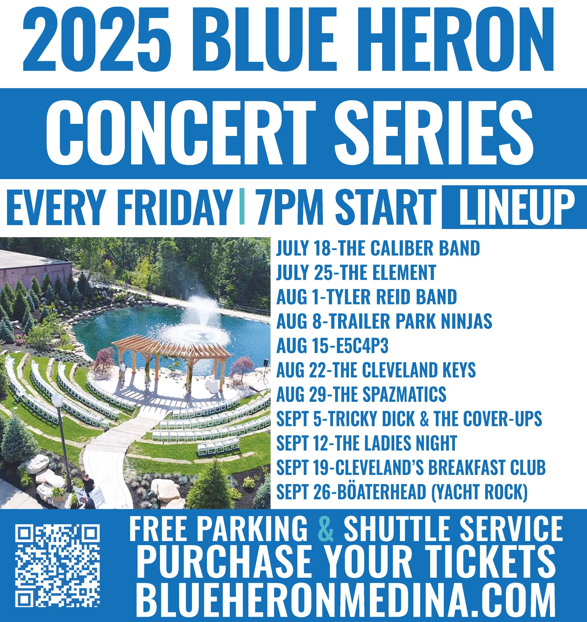 2025 Blue Heron concert series flyer listing Friday shows, July 18–Sept 26, with venue photo and ticket info.