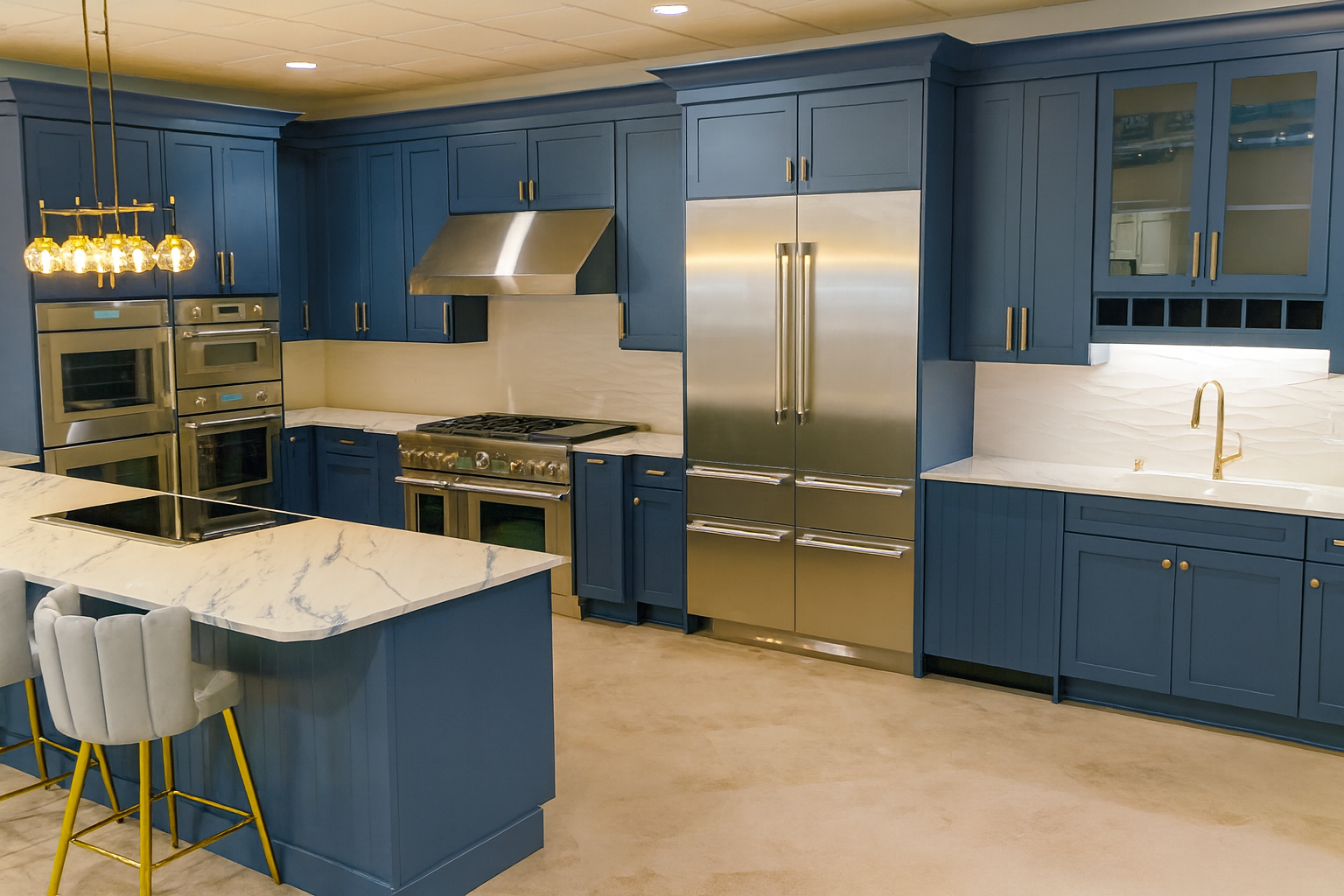 A modern kitchen featuring blue cabinetry, a white marble island with gray bar stools, and stainless steel appliances.