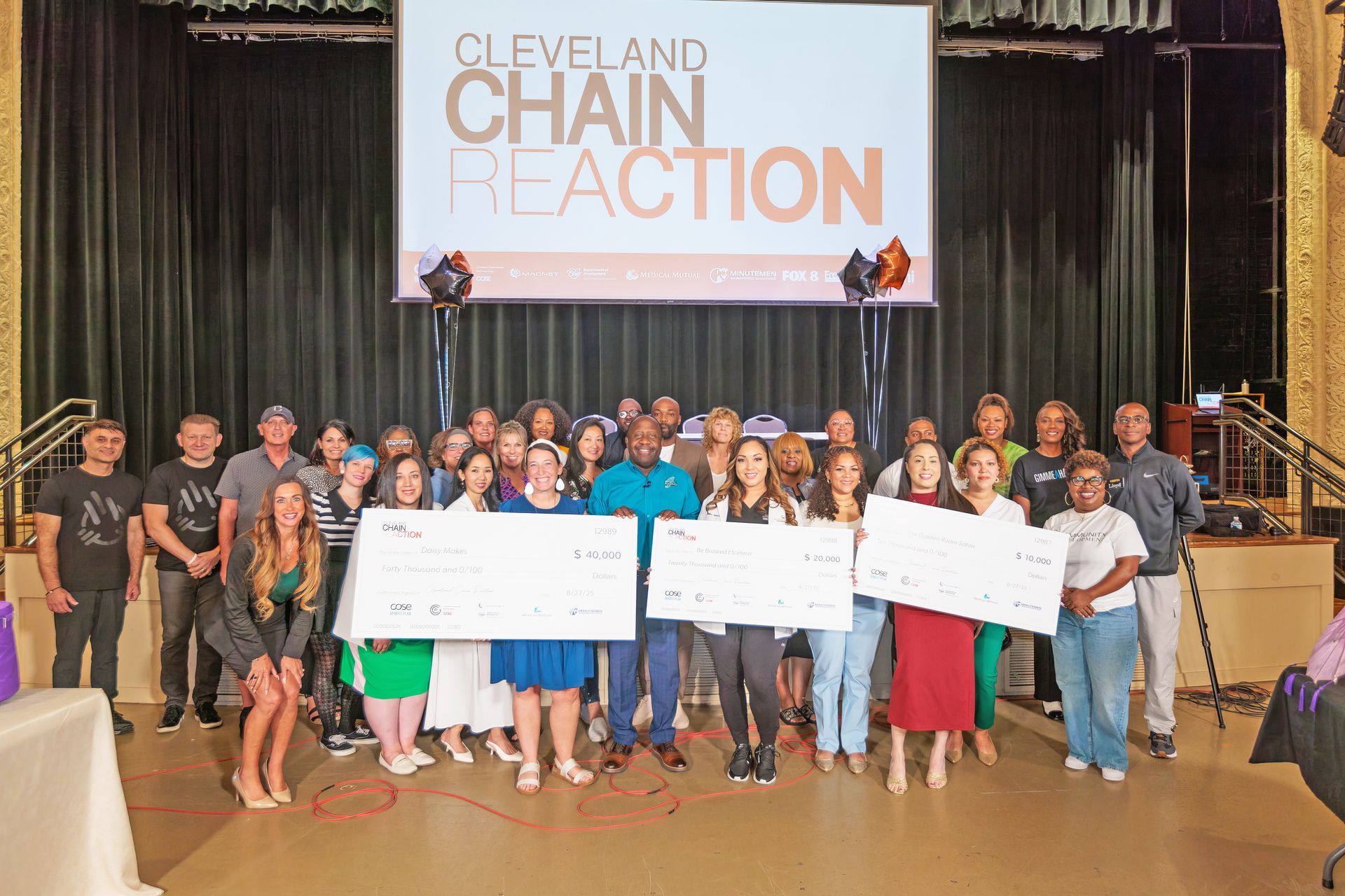 A group of people standing on a stage in front of a Cleveland Chain Reaction banner, holding large oversized checks.
