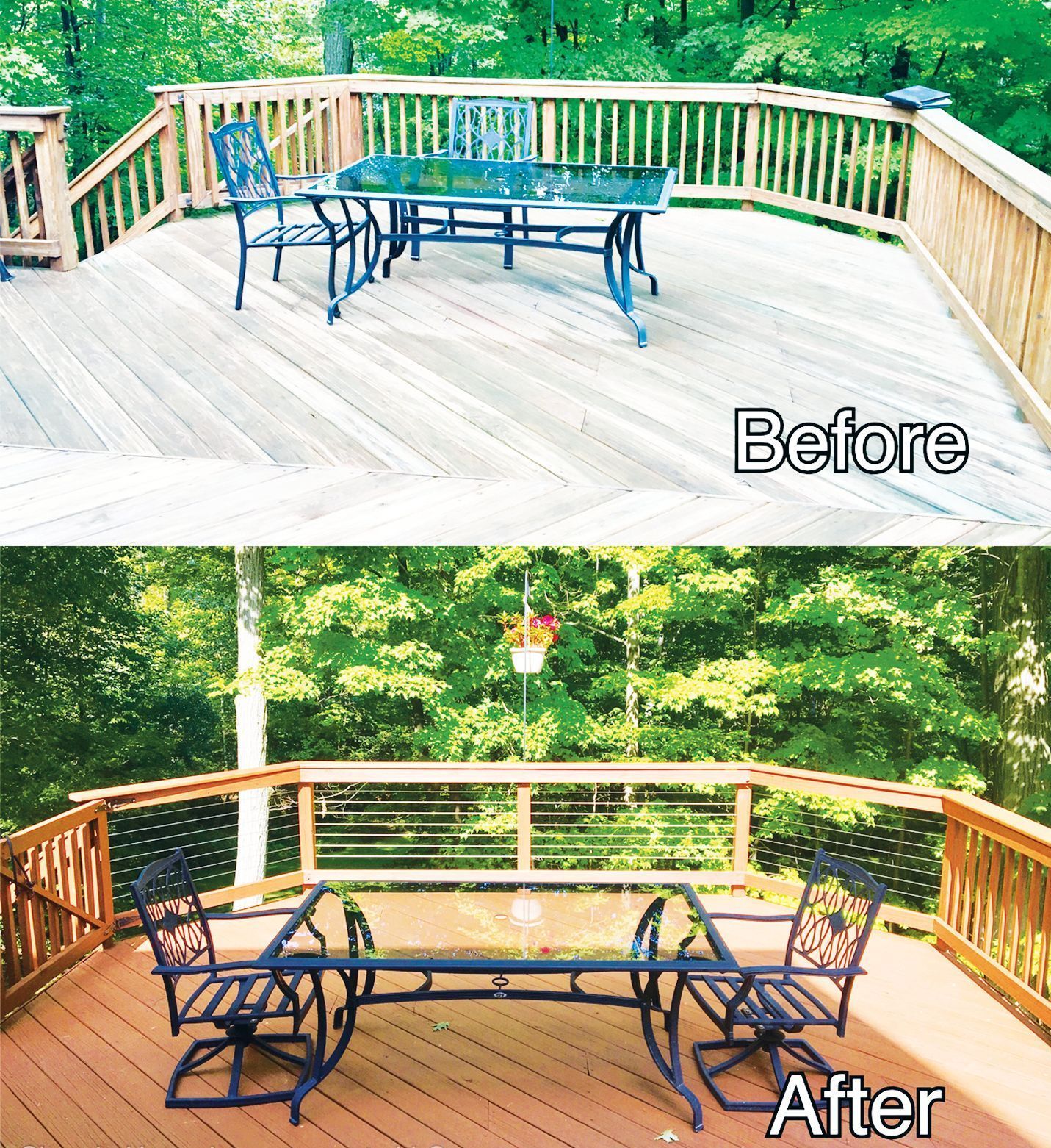 Before and after photos of a backyard deck showing a transition from weathered wood to a stained deck with cable railings.
