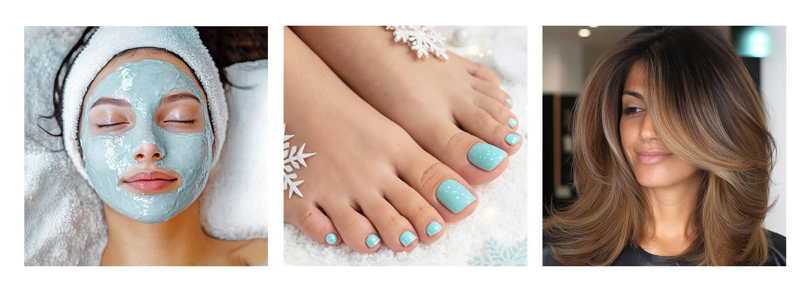 A collage showing a person with a blue face mask, feet with matching blue nail polish, and a person with styled hair.