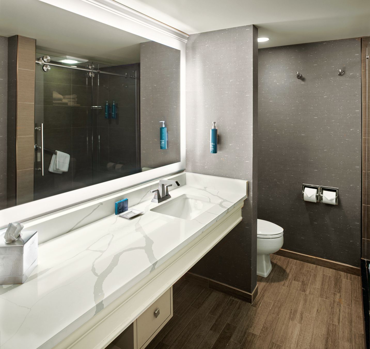 Modern bathroom featuring a marble-topped vanity with a large mirror, a glass shower stall, and a private toilet area.
