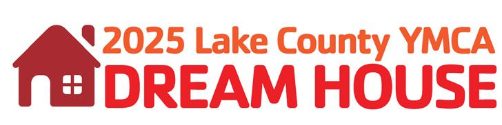 Logo for the 2025 Lake County YMCA Dream House featuring a red house icon next to the text in red and orange.