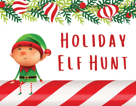 A cartoon elf sits on a candy cane striped ledge below festive garland, with the red text: