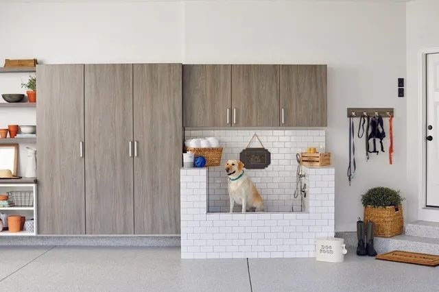 A dog sits in a tiled indoor pet washing station within a garage, surrounded by storage cabinets and dog accessories.