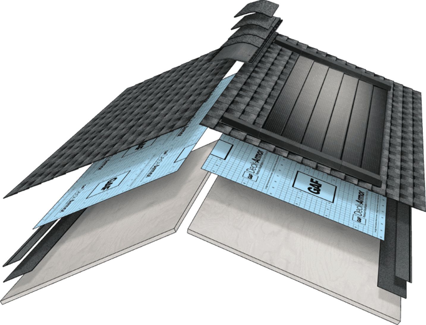 A cross-section diagram of a house roof showing layers of wood, blue underlayment, shingles, and a solar panel.