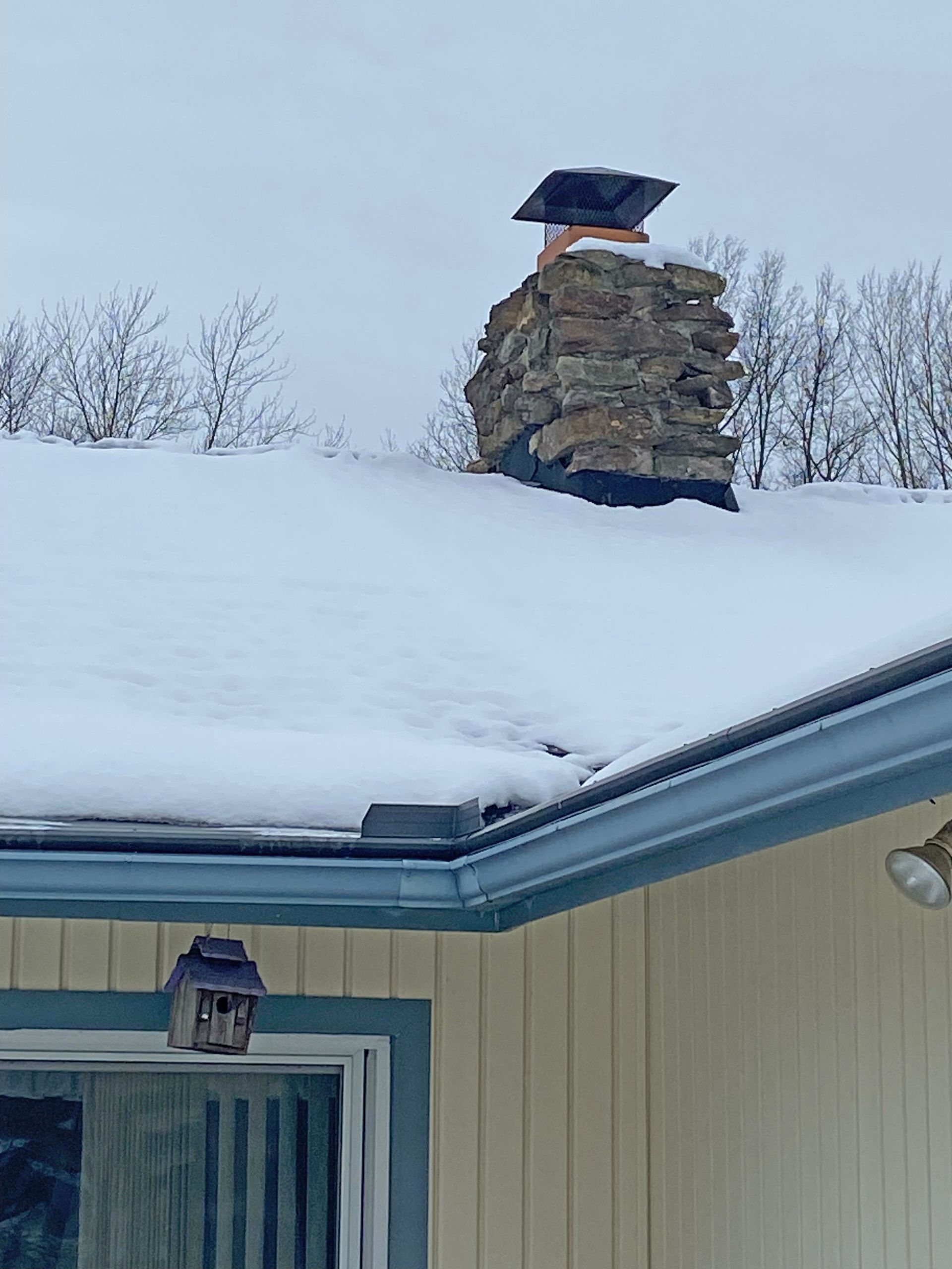 A stone chimney rises from a snow-covered roof against a backdrop of bare trees under a cloudy sky.
