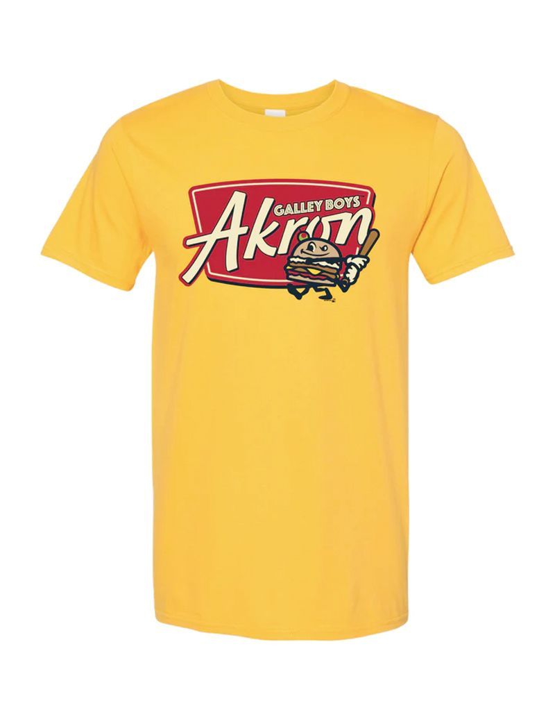 A bright yellow crewneck t-shirt featuring a red graphic logo with the word 