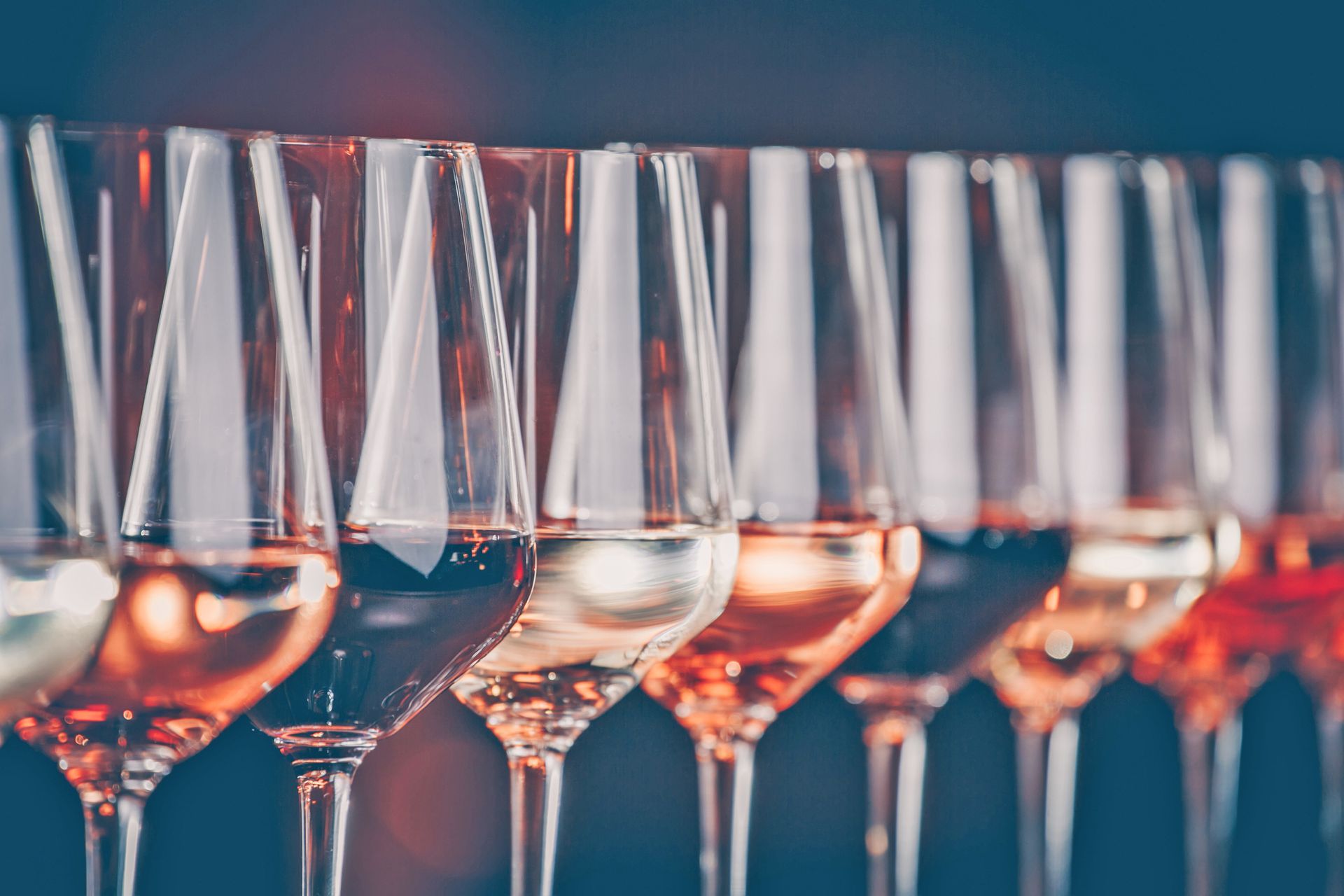 A row of wine glasses filled with different shades of wine, ranging from pale white to deep red, against a dark background.