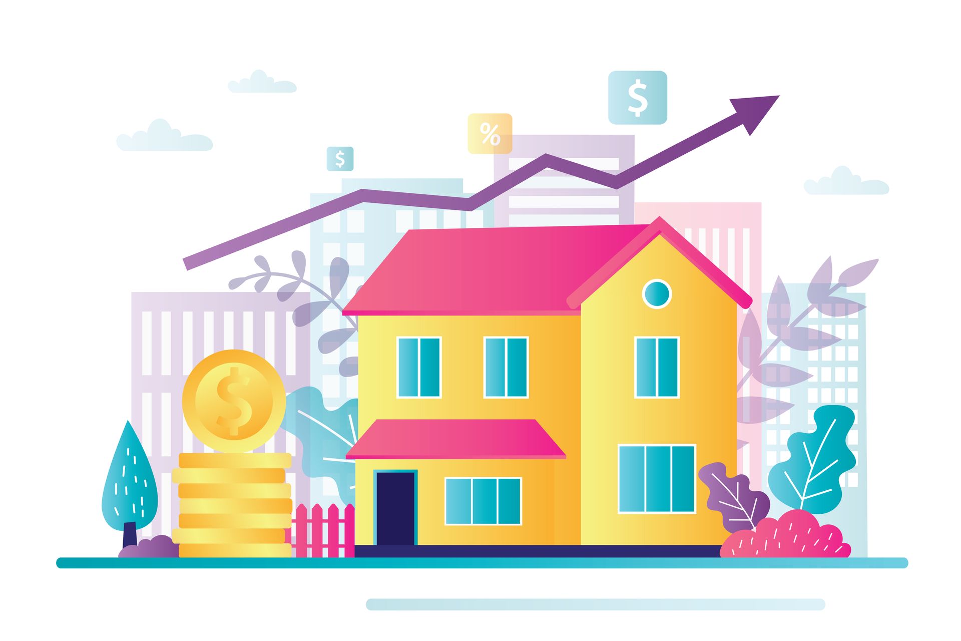 A yellow two-story house with a pink roof, a stack of gold coins, and an upward-trending arrow against a city background.